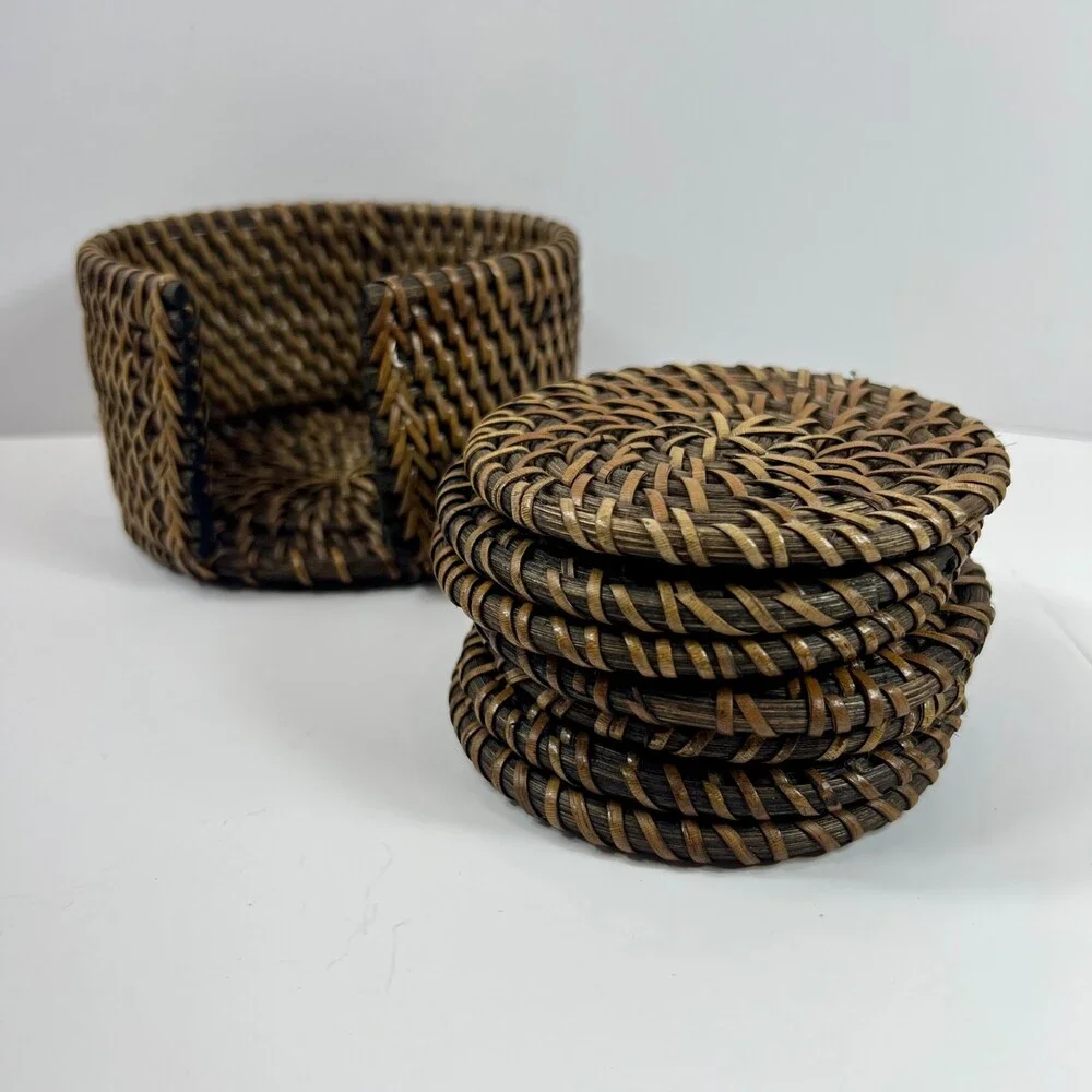Unbranded Rattan Coaster Set Home OS Brown Excellent Woven 7pc With Holder